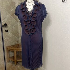 Ruffled Navy Midi Dress with Pleated Front